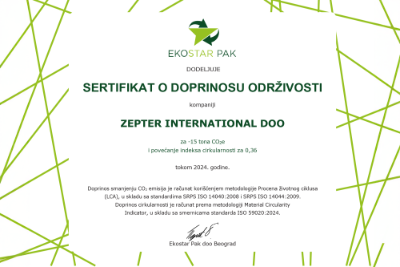 ZEPTER INTERNATIONAL DOBIO SERTIFIKAT O DOPRINOSU ODRŽIVOSTI 